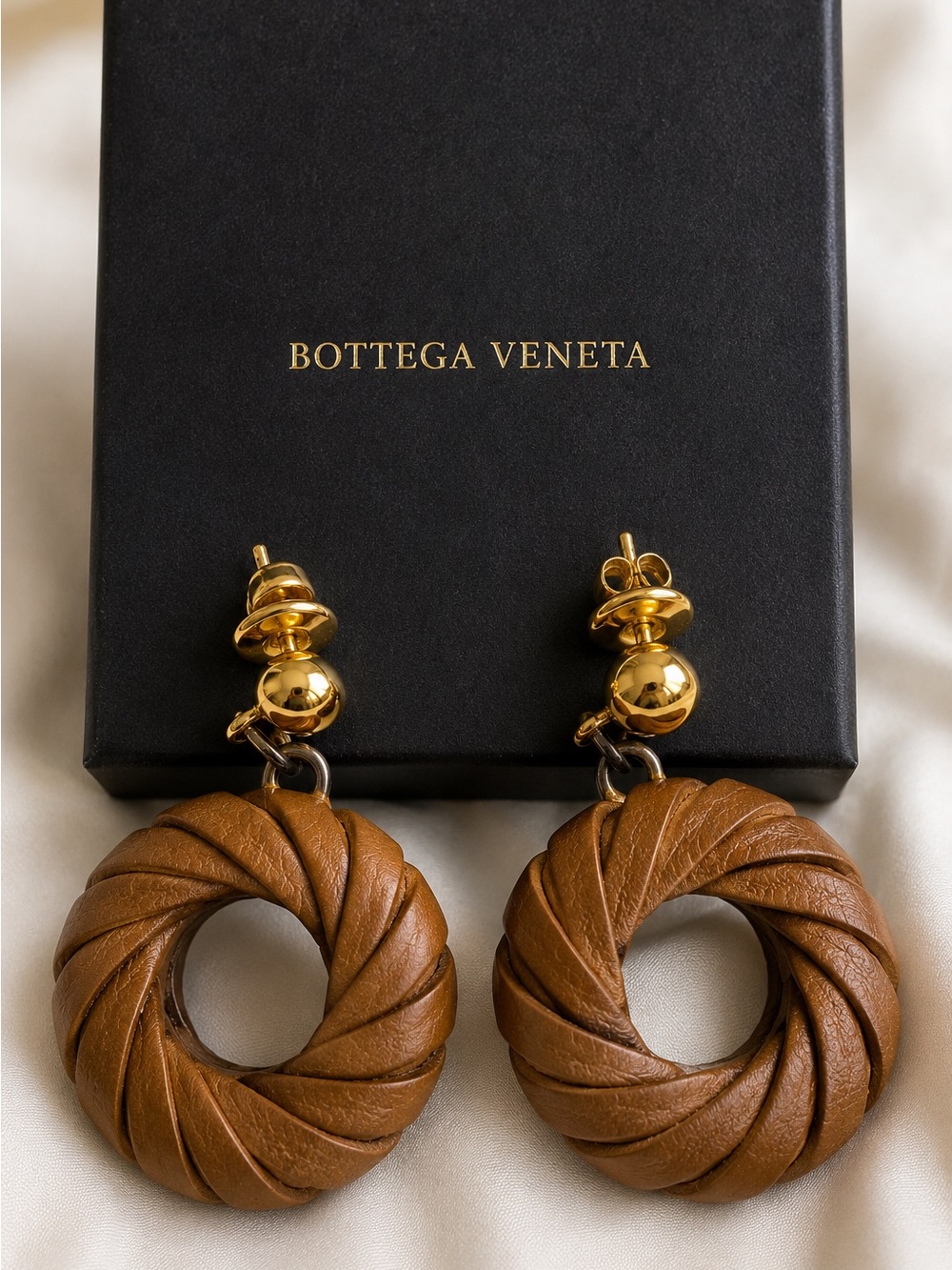 Bottega Veneta Brown Nappa Leather Twist Donut Drop Earrings Gold Hardware
